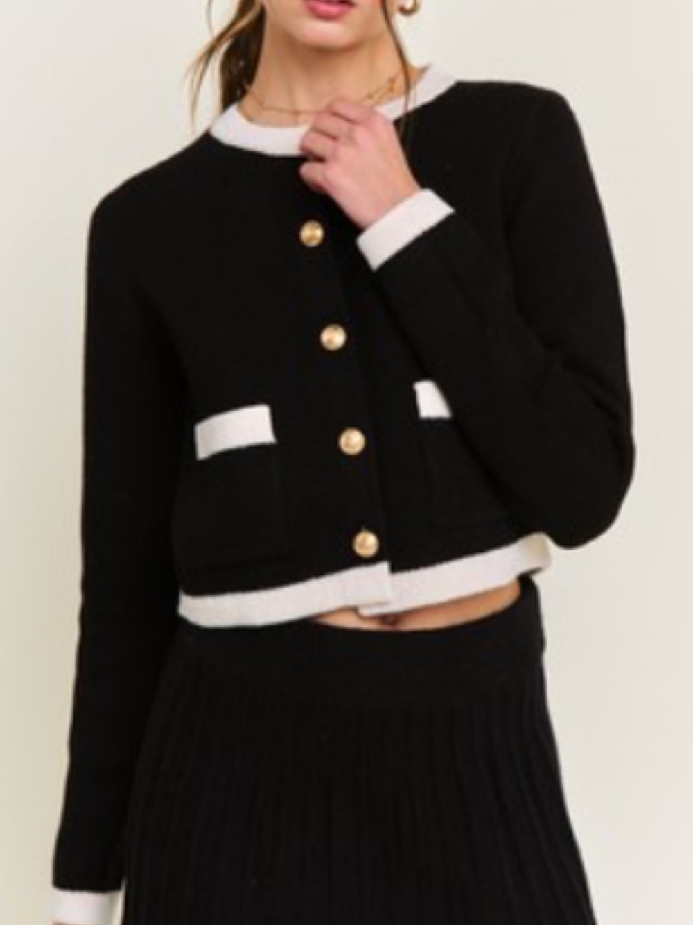 ShopEvelynne Black Cropped Cardigan Blazer with White Trim